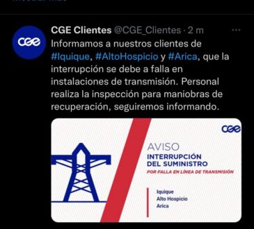 Corte total de energía eléctrica afectó  a las regiones de Arica y Tarapacá