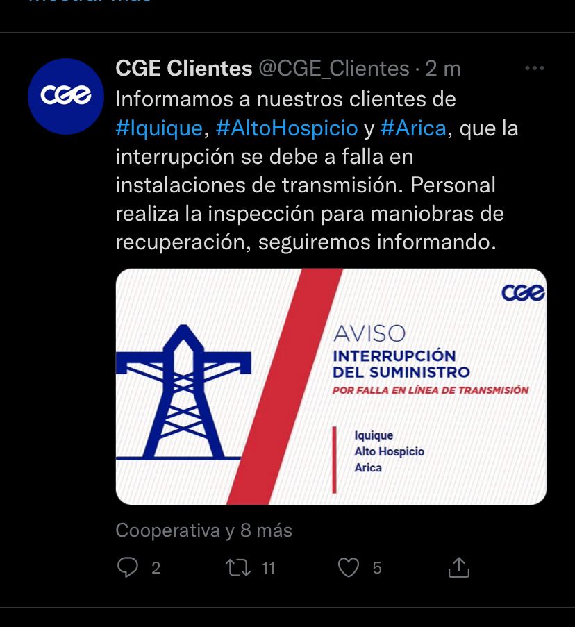 Corte total de energía eléctrica afectó  a las regiones de Arica y Tarapacá