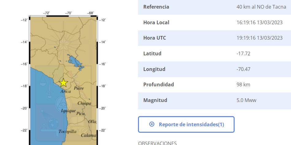 Sismo magnitud 5 en Arica y Tacna