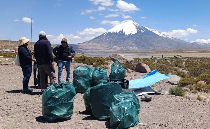 Extracción comunitaria de basura contaminante en el Lago Chungará